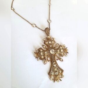 Vintage Gold Sterling Silver Large Filigree Crystal Cross Pendant Necklace